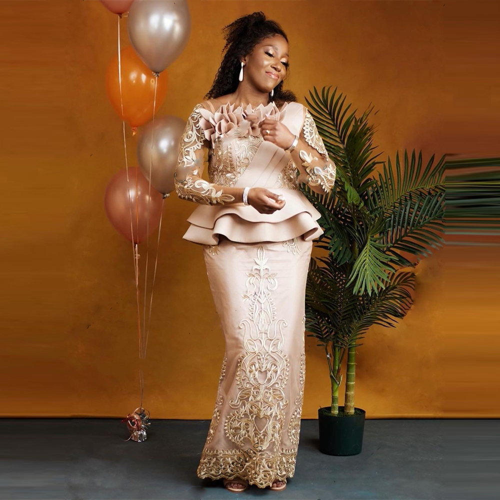 2022 African Aso Ebi Champagne Prom Dresses Long Sleeve Ruffles Peplum 3D Lace Appliques Mermaid Formal Evening Gowns Elegant Mothers Celebrity Party 
