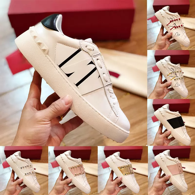 Top quality sneaker mens casual shoes boots OP03 Be My Red Studs Black Heel silver white pink band Ruthenium metallic leather luxury men women Sneakers