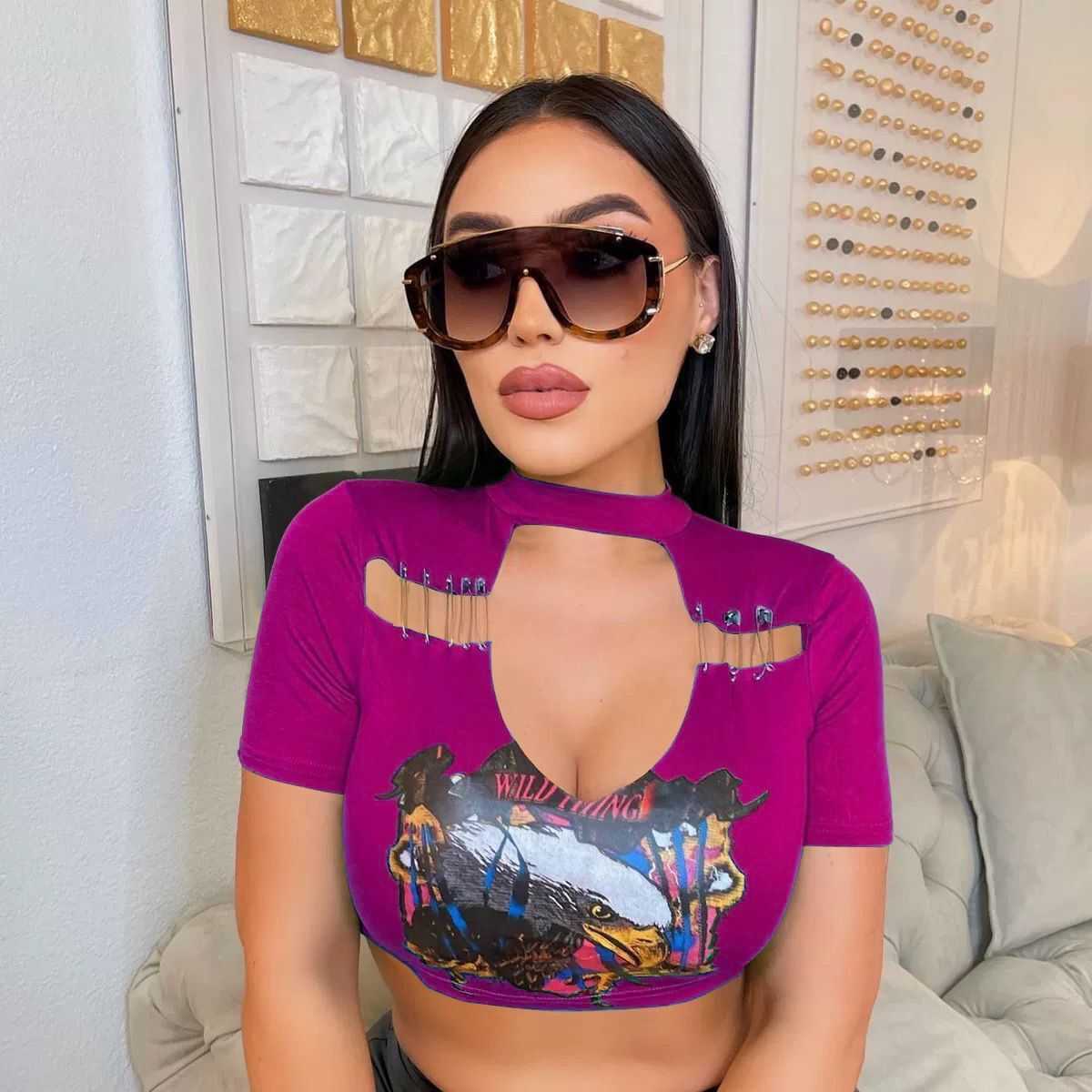 Womens Sexy Tops T-shirt Vest For 2023 Summer Umbilical Cord Slim Stand Collar Personalized Hollow Out Slim Tops