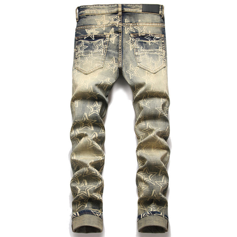 Men Broken Track Jeans Plus Size 38 Printed Effect Distressed Fading Denim Male