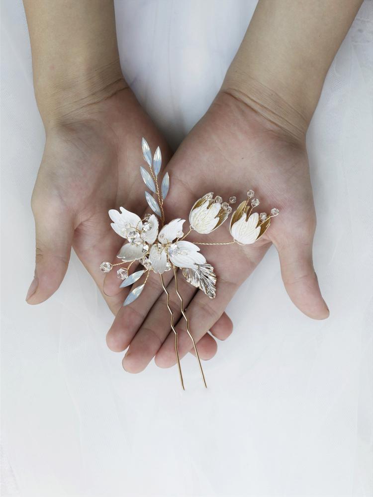 Opal Crystal Hair Comb Pin Vintage Gold Hairpin Flower Leaf Headpiece Headdress Bride Wedding Jewelry Bridal Accessories m200 0615