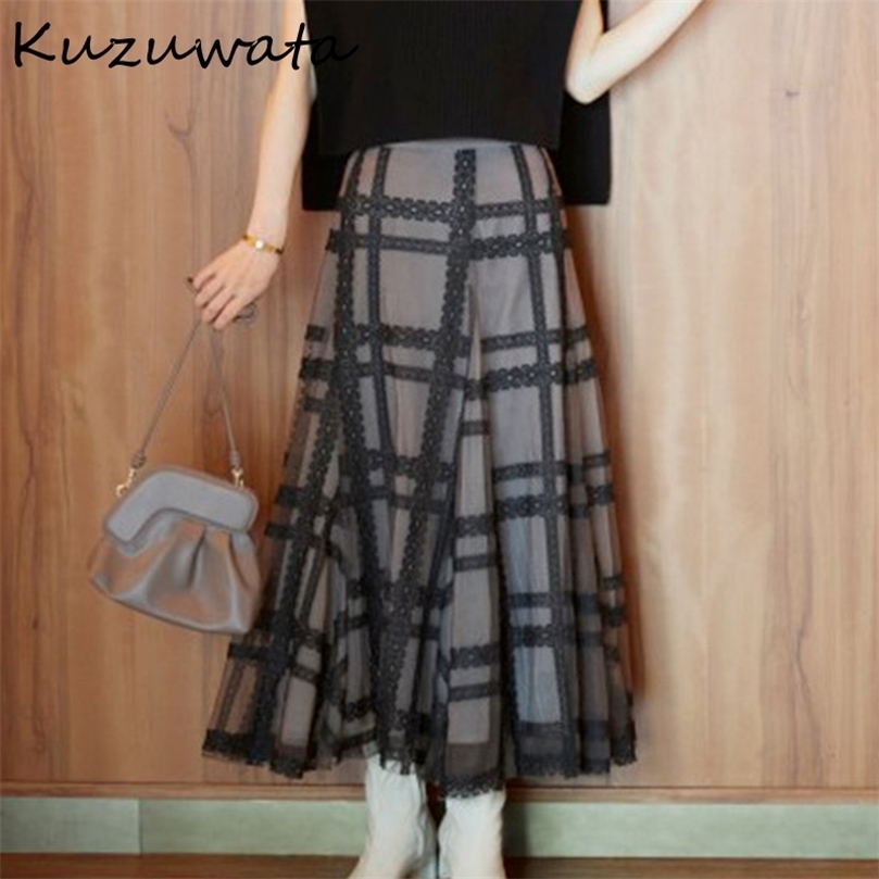 Kuzuwata Autumn Women Faldas High Waist Contrast Color Mid Calf Plaid Lace Ball Grown Skirt Japanese Kawaii Jupe 220317