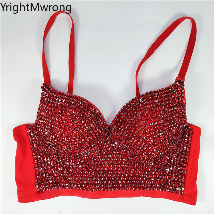 Crystal Diamond Sequin Rivet Pearl Corset Bras Push Up Crop Top Punk Bustier Luxury Goth Ballroom Costume Stage Party 220325