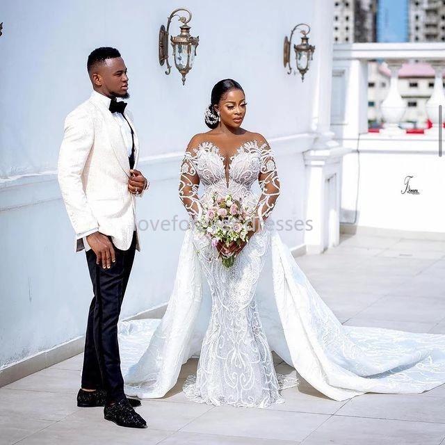 Plus Size Lace Mermaid Wedding Dresses 2022 With Detachable Train Sheer Long Sleeves Beaded Lace Appliqued Bridal Gown Custom Made Robe de mariée CC, White
Plus Size Lace Mermaid Wedding Dresses 2022 With Detachable Train Sheer Long Sleeves Beaded Lace Appliqued Bridal Gown Custom Made Robe de mariée CC, White