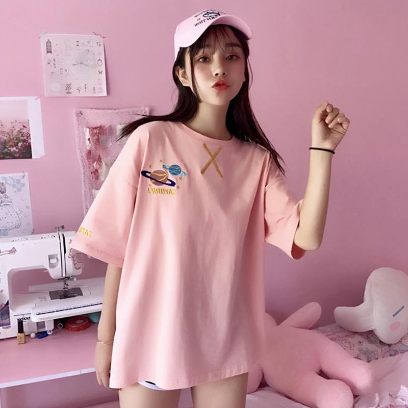 Women's T-Shirt Summer Planet Cute Cartoon Loose Bf Wind Embroidery Harajuku Japanese Large Size -2XL Short Sleeve Casual Cotton Tops, Pink 
Women's T-Shirt Summer Planet Cute Cartoon Loose Bf Wind Embroidery Harajuku Japanese Large Size -2XL Short Sleeve Casual Cotton Tops, Pink