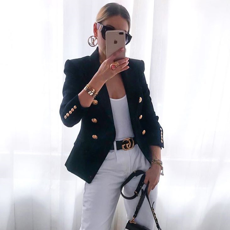 Real Red Women Blazers Formal Female Jacket Classic Gold Double Breasted Button White Black Blazer Women High Quality 220402