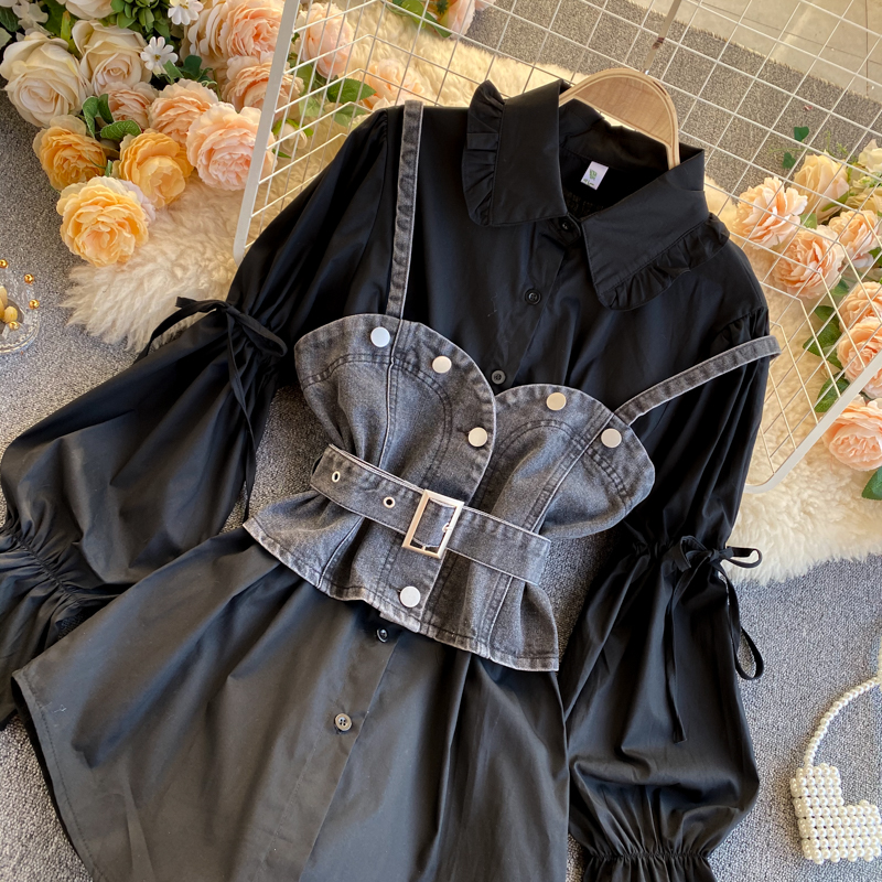 New fashion womens turn down collar puff long sleeve jeans vest patchwork solid color blouse shirt