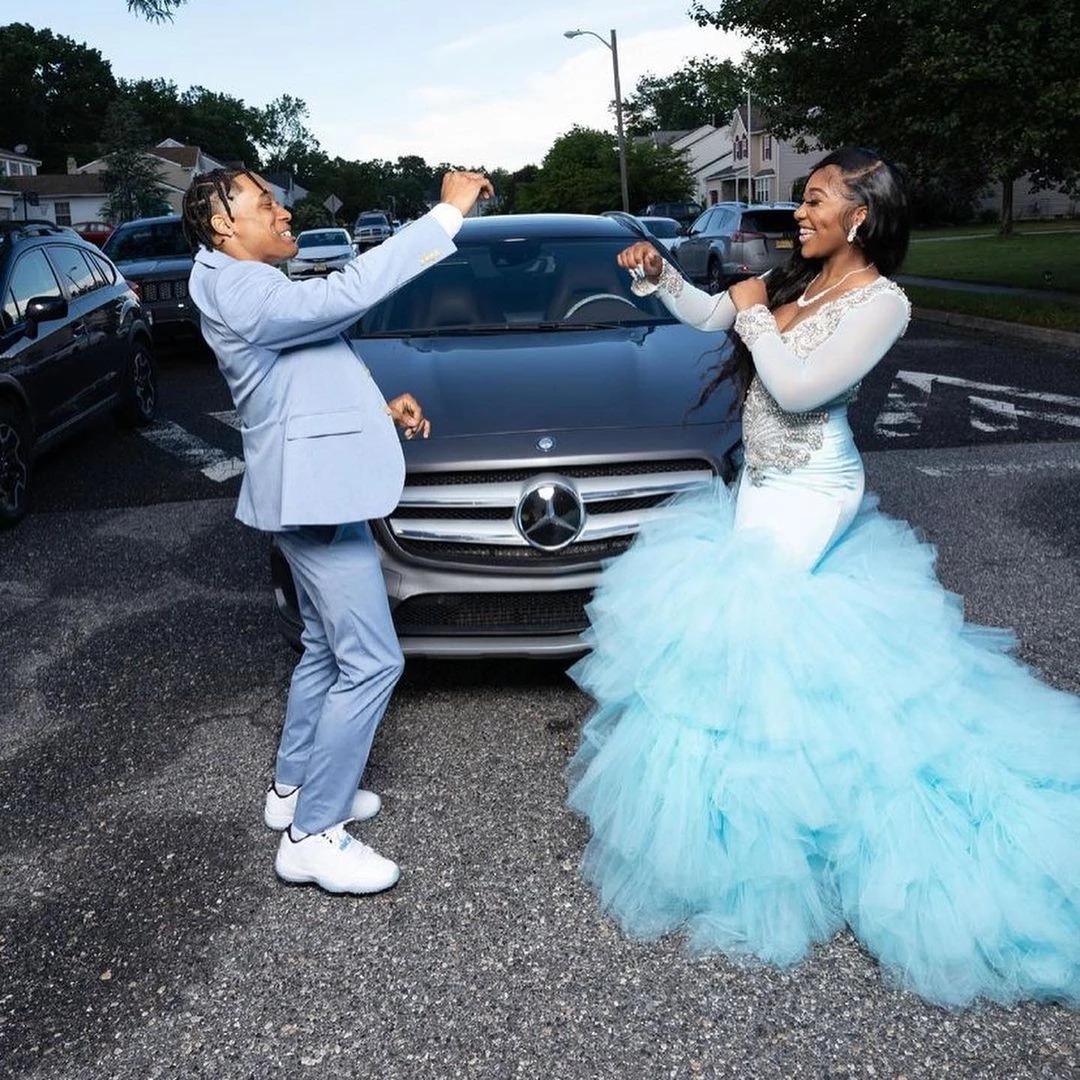 Mint Green Prom Dresses Aso Ebi Mermaid V-Neck Long Sleeves Applique Crystals Ruffles Tulle Plus Size Evening Engagement Second Gowns