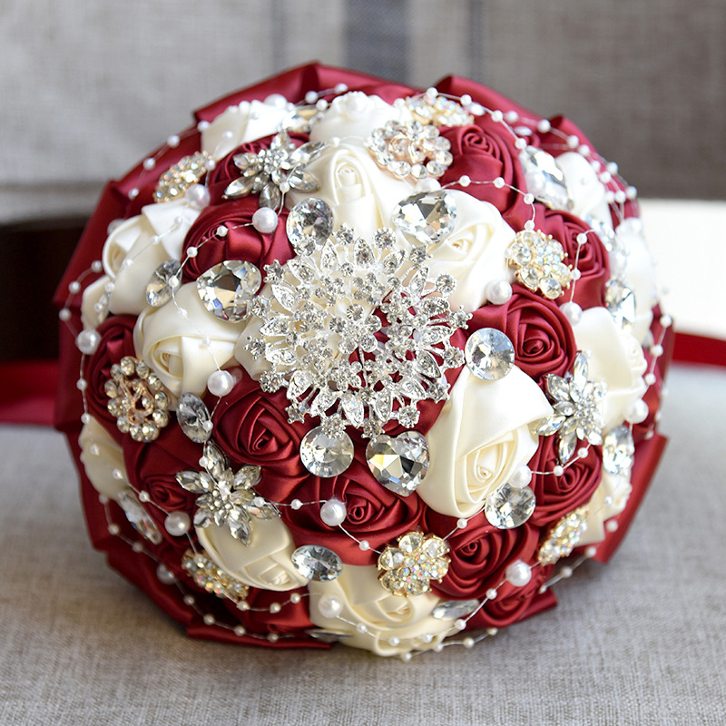 Amazing Bling Crystal Brooch Handmade Satin Rose Bridal Bouquets Flowers Bridesmaid Handholds Customized Bouquet