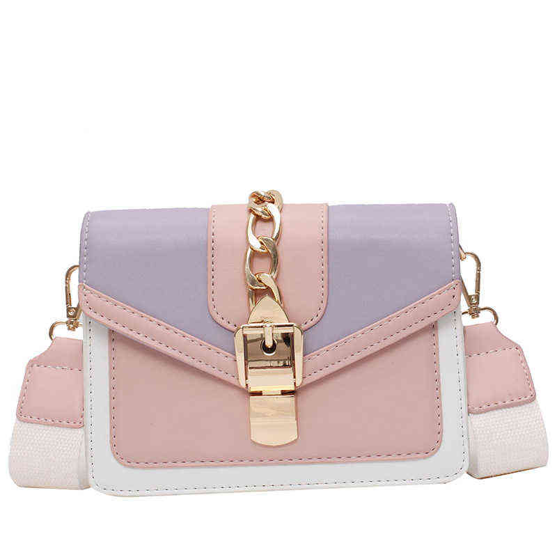 Evening Bags Fashion Chain Lady Sling Bag Panelled Color Pu Leather Crossbody for Women New Wide Strap Shoulder Messenger Ladies 220428