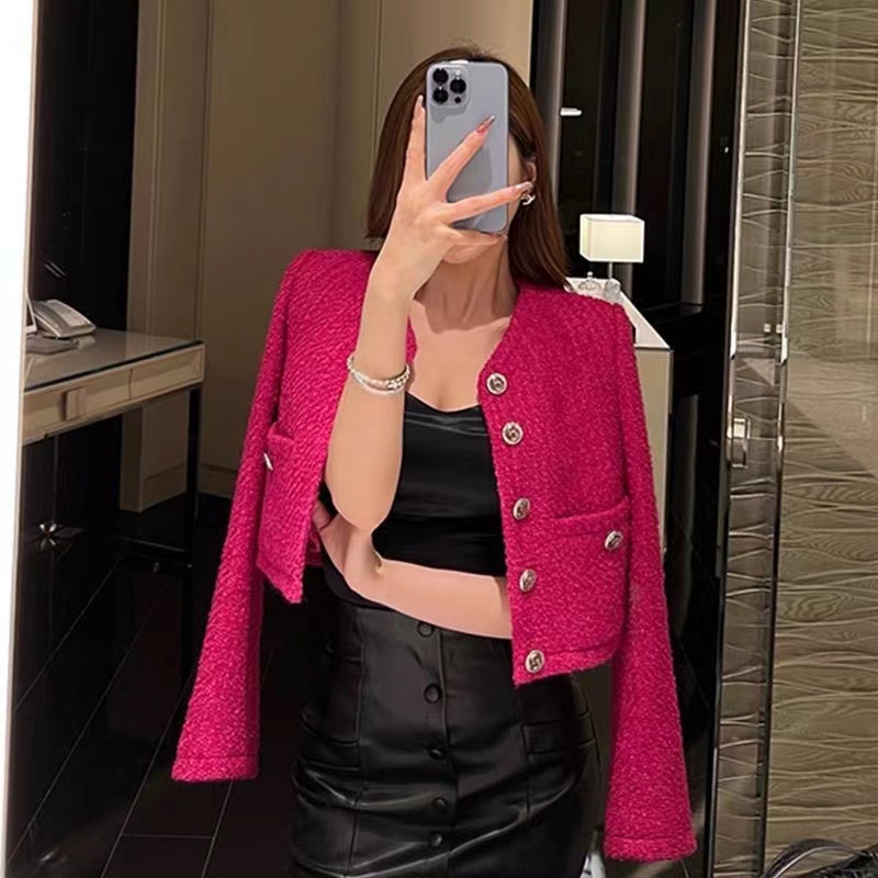 B129 2022SS Elegant Women Wear occasions Vintage New Women High Quality Shoulder Pads tweed Cropped jacket Female Chic Casual Coat