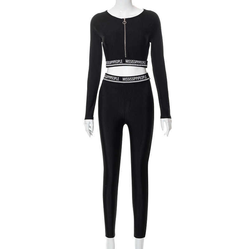 women's Autumn and winter new slim fitting zipper letter printing navel exposed long sleeve pants casual suit