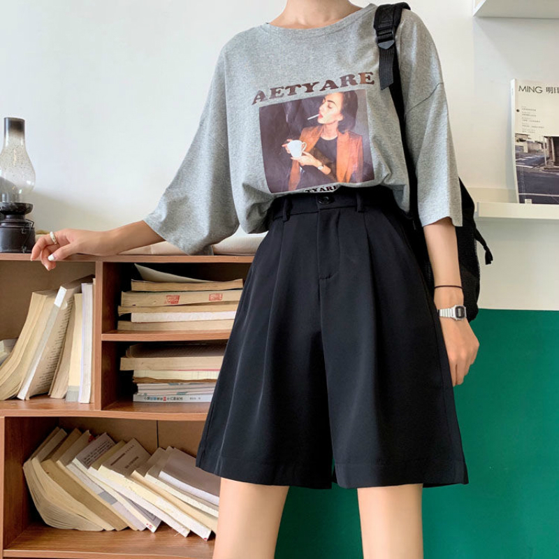 Shorts Women Summer Button Kneelength Black Wideleg Loose Drape Koreanstyle Casual Womens Office BF Streetwear Fashion Simple 220527