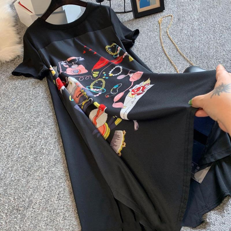 Summer Dress Women Large Size Slimming Loose Fashion Belly covering Length Black Spliced Printing Vintage Oversized 220613