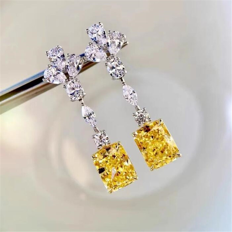 Sterg Sier Yellow Topaz CZ Dangle Earrings for Women, Long Chandelier Animal Pattern Earrings, Radiant Cut Gemstones 4 ,