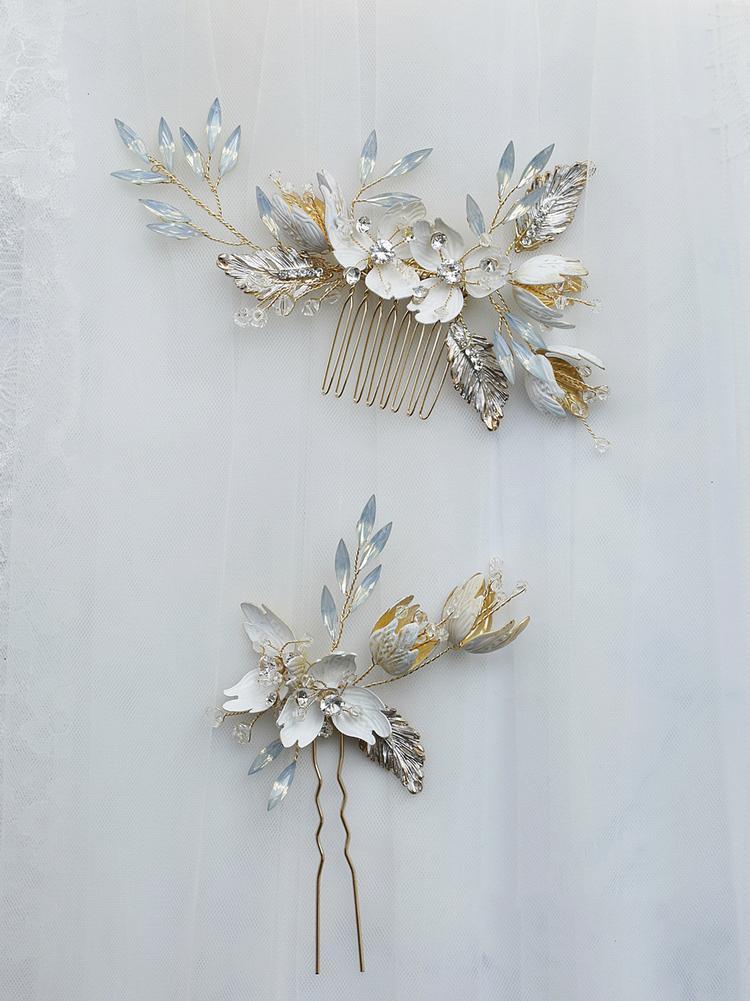 Opal Crystal Hair Comb Pin Vintage Gold Hairpin Flower Leaf Headpiece Headdress Bride Wedding Jewelry Bridal Accessories m200 0615