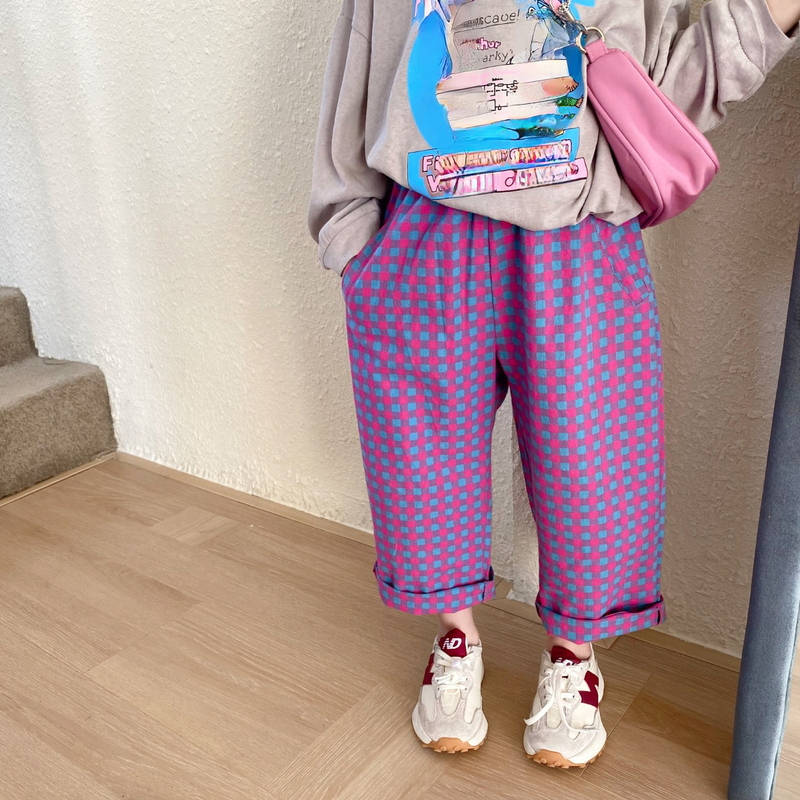Spring girls cotton plaid Hip pants Kids soft loose cotton trousers 2-7Y 220512