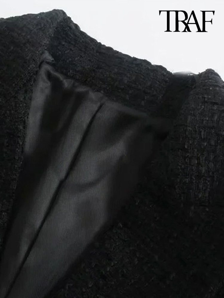 Fashion TRAF With Women Metal Button Tweed Blazer Coat Vintage Long Sleeve Flap Pockets Female Outerwear Chic Veste 2