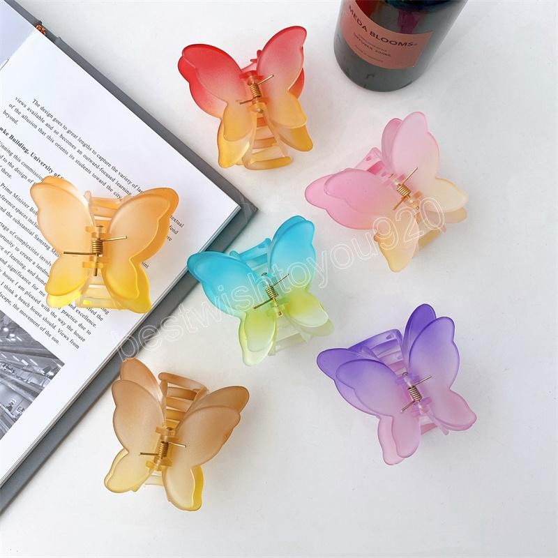 Women Mist Gradient Butterfly Bath Hair Clamps 7 CM Medium Plastic Alloy Animal Hair Clips European Girl Head Wear Ponytail Scrunchies Hairpins Claw A