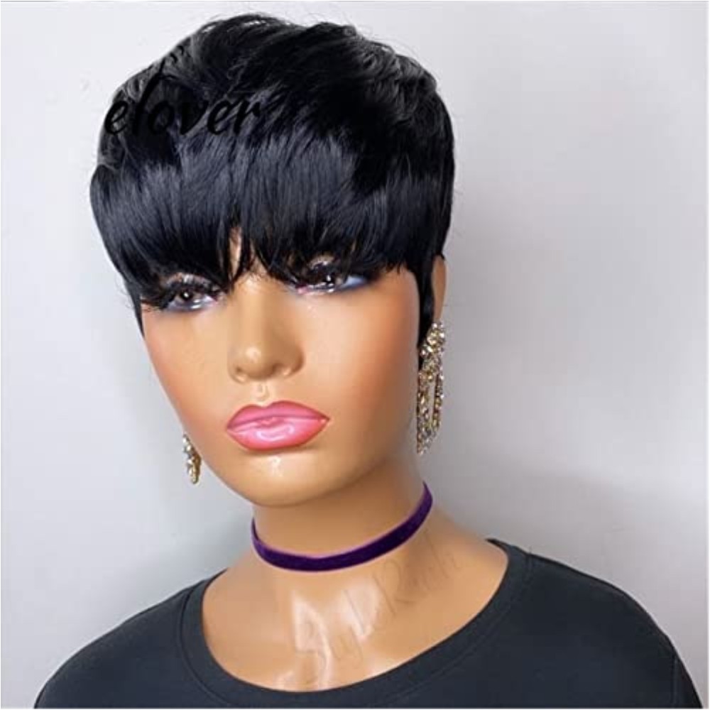 Burgundy Red Short Bob Straight Human Hair Wigs With Bangs Brazilian Virgin Pixie Cut Wig For Black Women