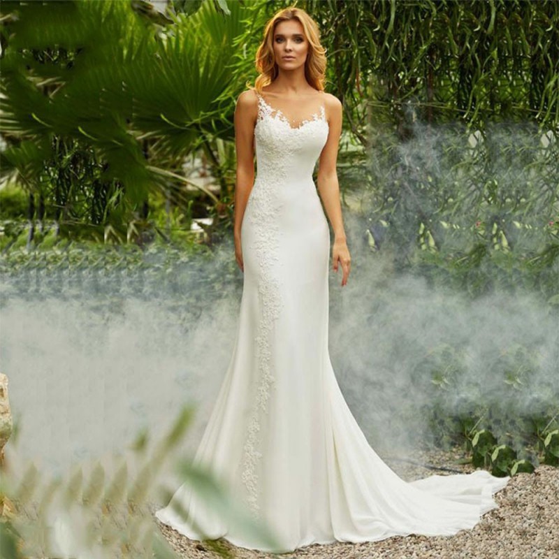 Simple Bride Gowns O-Neck Appliques Beach Wedding Dresses for Women 2022 Mermaid Princess Illusion Back Boho Vestido De Noiva