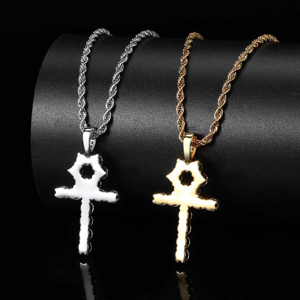 Hip Hop Cross Key Pendant Necklace Jewelry Bling Diamond Stone 18k Real Gold Plated Jewelry