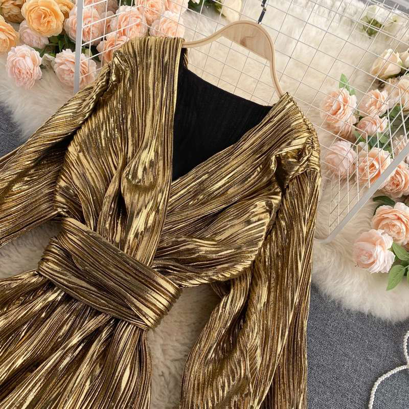 Gold Shimmer Wavsiyier High Waist Boho Luxury Evening Party Dresses Women Runway Long Sleeve Elegant Dress Autumn Spring 220721