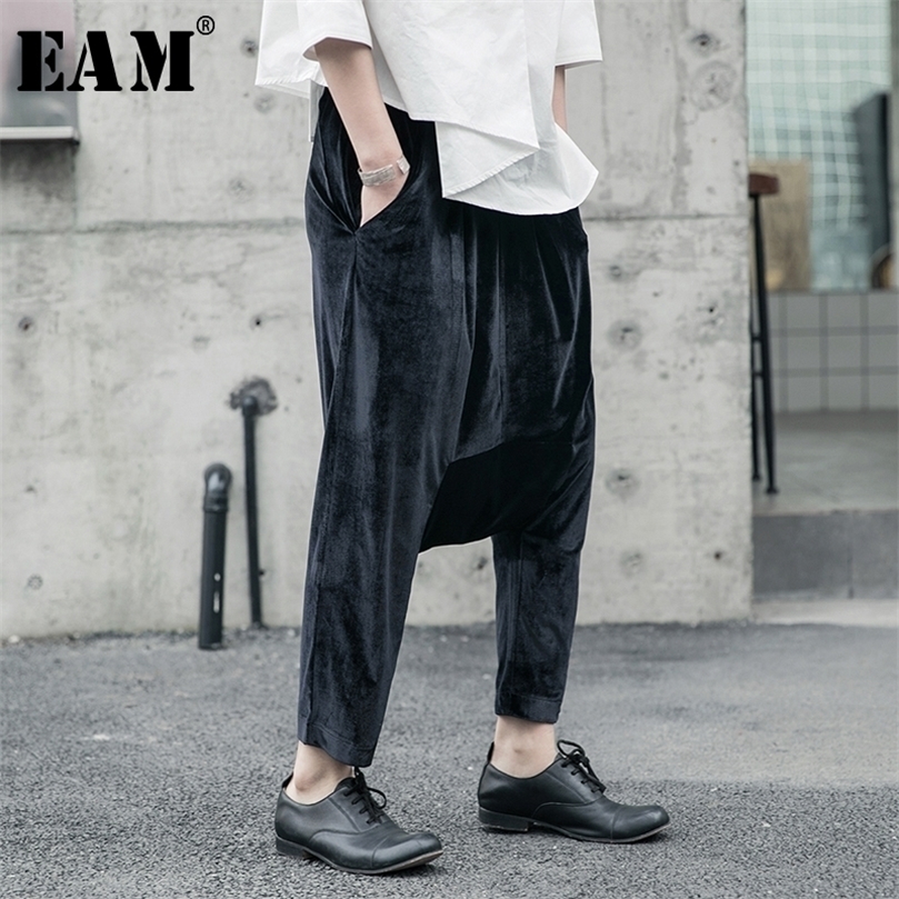EAM High Elastic Waist Black Velvet Long Wide Leg Trousers Loose Fit Pants Women Fashion Spring Autumn 1R602 201228