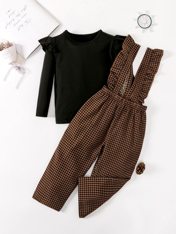 Toddler Girls Ruffle Trim Top & Houndstooth Print Pinafore Jumpsuit SHE