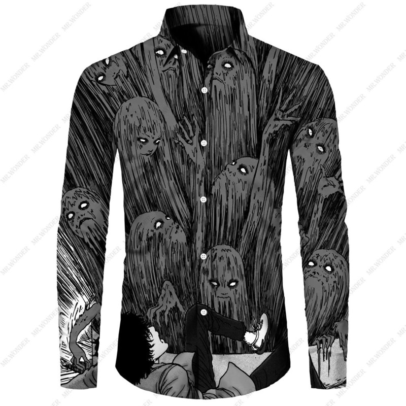 Mr.Wonder Novelty 3D Men's Horror Anime Manga Shirt Cool s Casual Button Down Beach Long Sleeve Hawaiian Tops 220322