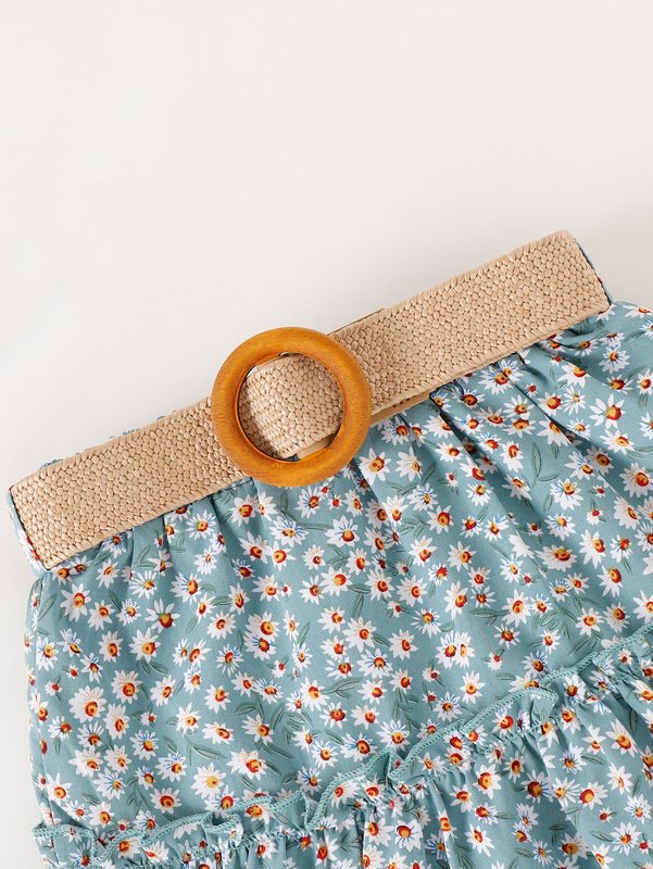 Toddler Girls Ditsy Floral Puff Sleeve Shirred Top & Ruffle Hem Belted Skirt SHE