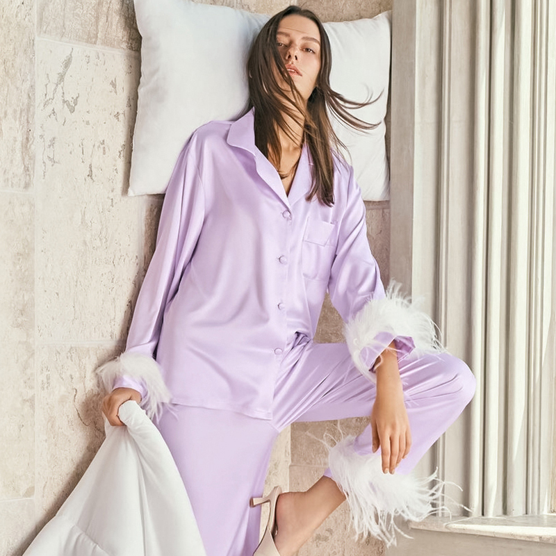 Restve Feathers Pajamas For Women 2 Piece Set Turn Down Collar Long Sleeve Tops Pocket Satin Suit Female Sets With Pants 220329