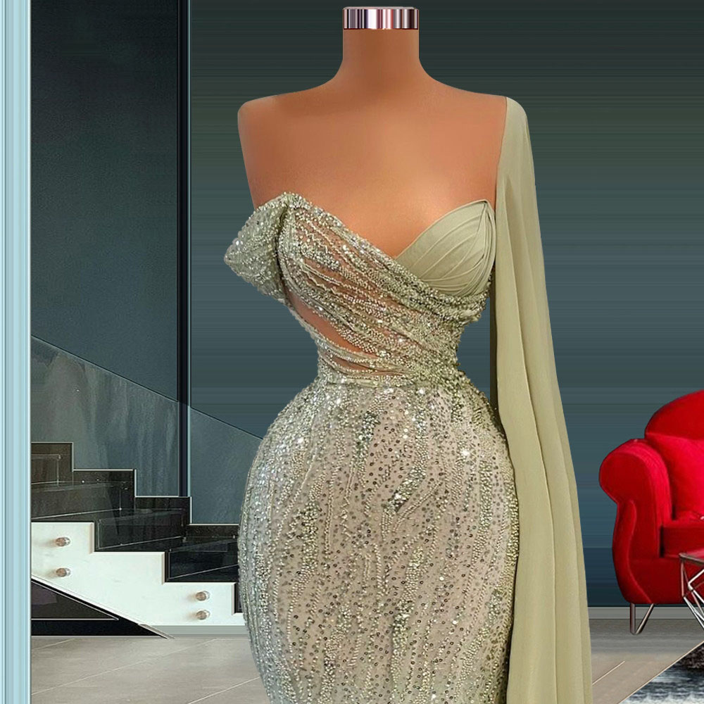 Green Mermaid Prom Dresses Sexy V Neck One Shoulder Sleeveless Satin Appliques Sequins Plus Size Elegant Prom Gowns Floor Length Custom Made Evening G