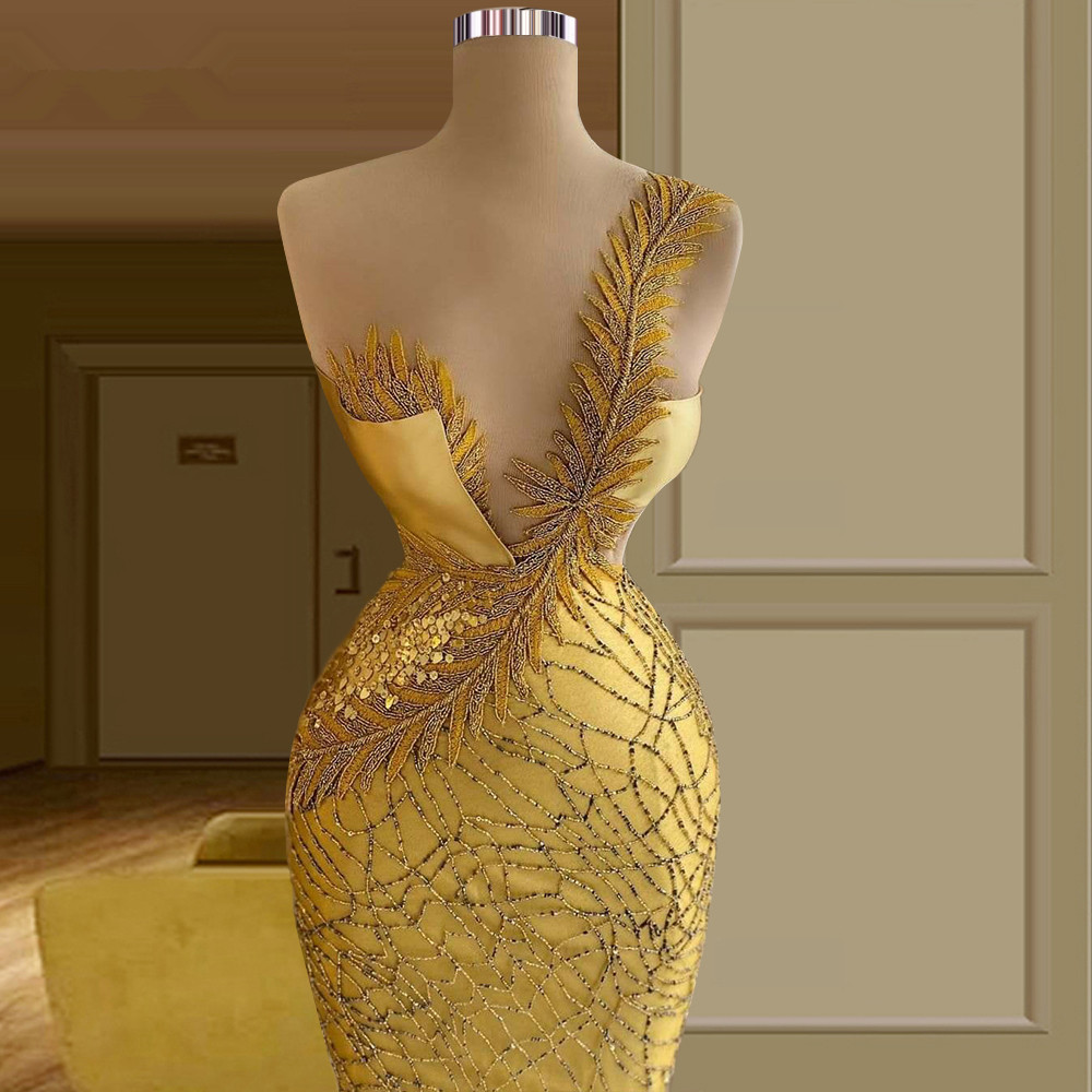 Bright Yellow One Shoulder Prom Dresses Straight Sequined Evening Dress Custom Made Floor Length Beaded Sleeveless Red Carpet Celebrity Party Gown