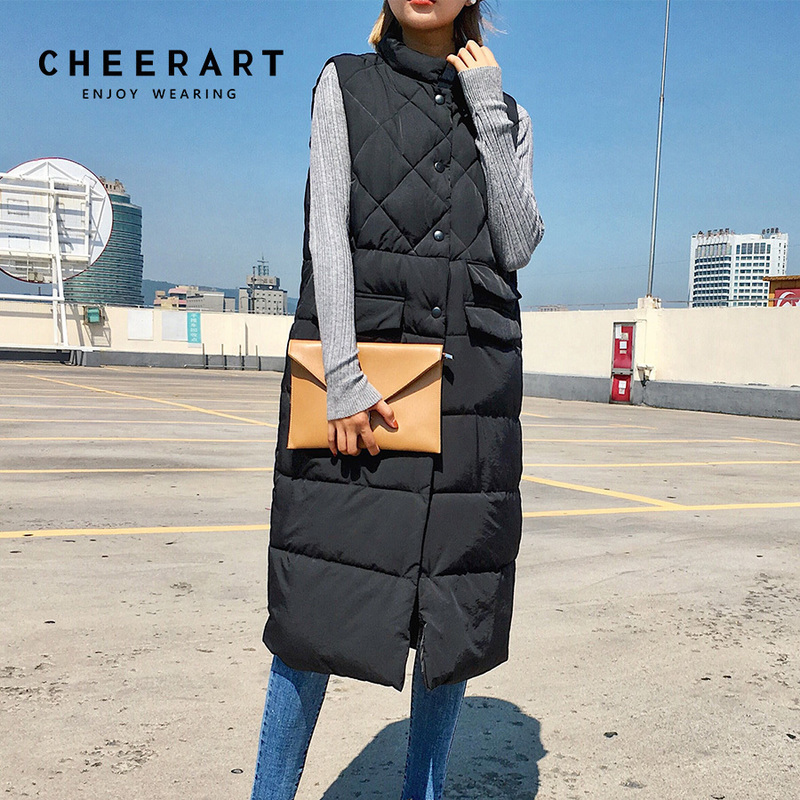 CHEERART Long Vest Winter Coat Women Sleeveless Down Jacket Slim Female Quilted Coat Femme Korean Waistcoat Colete 201031