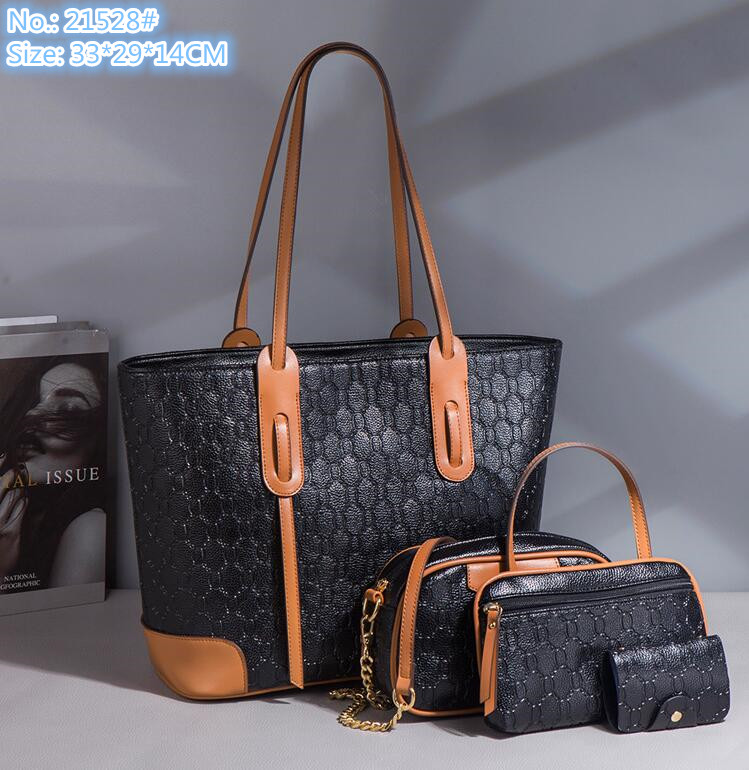 Wholesale factory ladies shoulder bags 3 colors classic embossed fashion tote bag large capacity 4-piece women handbag simple contrast leather handbags