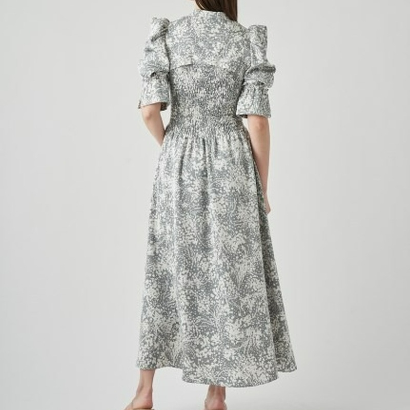 Kuzuwata Stand Collar Lace Up Hollow Out Half Flare Sleeve Vestidos Elasticity Empire Printed Slim Dress Japanese Gentle Robes 220527