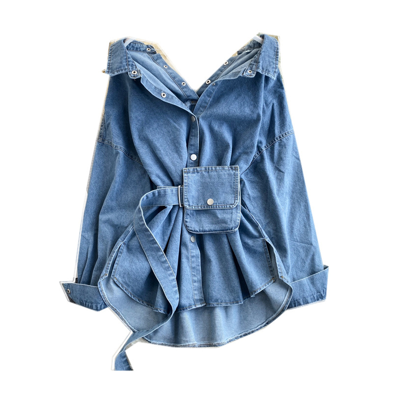 Unique Design Wome blouses Off-shoulder Lapel Long Sleeve High Waist Denim Dress Femme Blusa Denim Jacket With Bag, Black 
Unique Design Wome blouses Off-shoulder Lapel Long Sleeve High Waist Denim Dress Femme Blusa Denim Jacket With Bag, Black