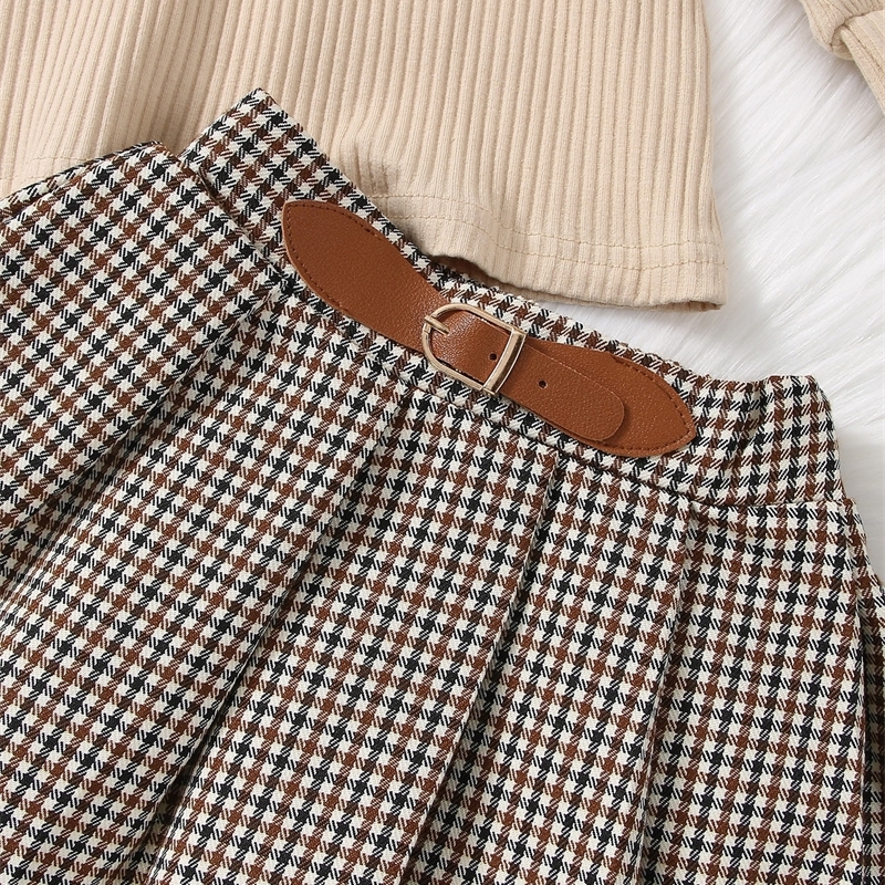 Girls Rib-knit High Neck Tee & Plaid Pleated Skirt SHE