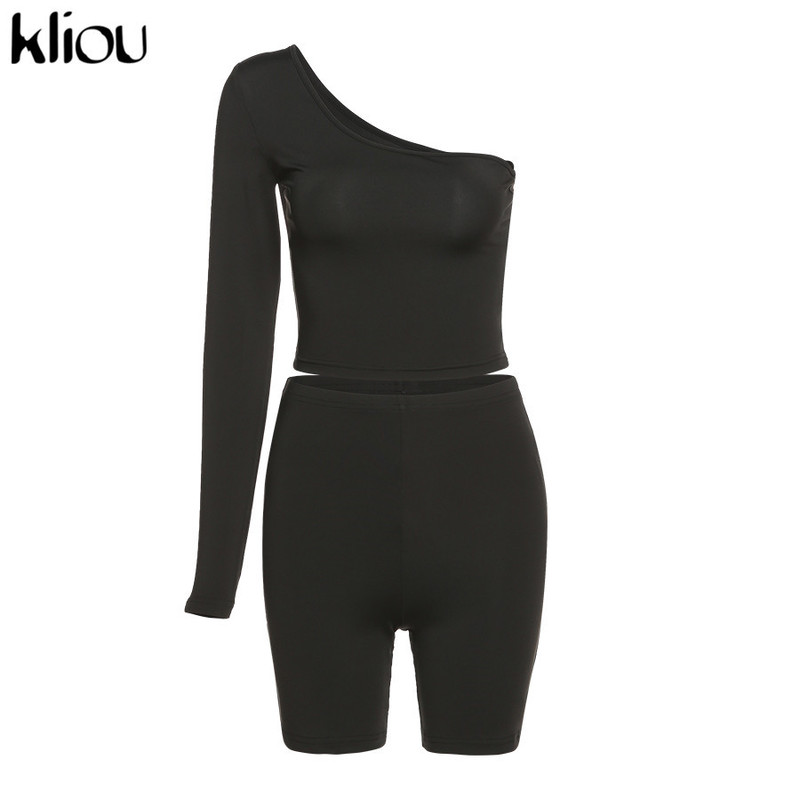 Kliou Solid Asymmetrical Two Piece Sets Women Tracksuit Crop Tops+Elastic Bike Shorts Sporty Matching Suits Casual Female Outfit 220509