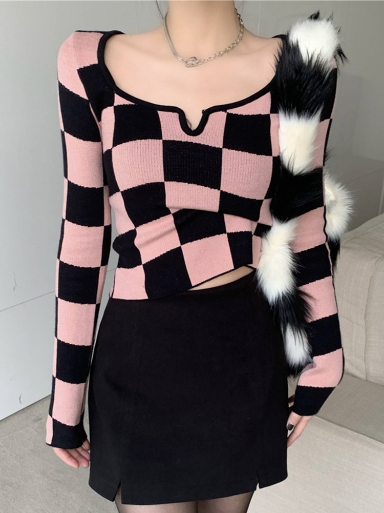 Tonngirls Knitted T Shirt Women Long Sleeve Checkerboard Plaid Square Collar Ladies Tops Korean Slim Skinny Cropped Tees 220328