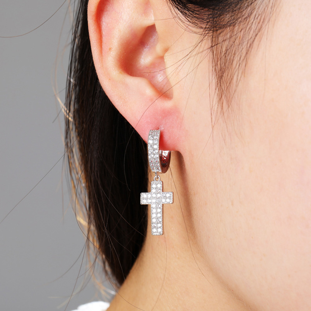 Hip Hop Cross Dangle Earrings TopBling White Zircon Hoop Earrings 18K Real Gold Platinum Plated Jewelry