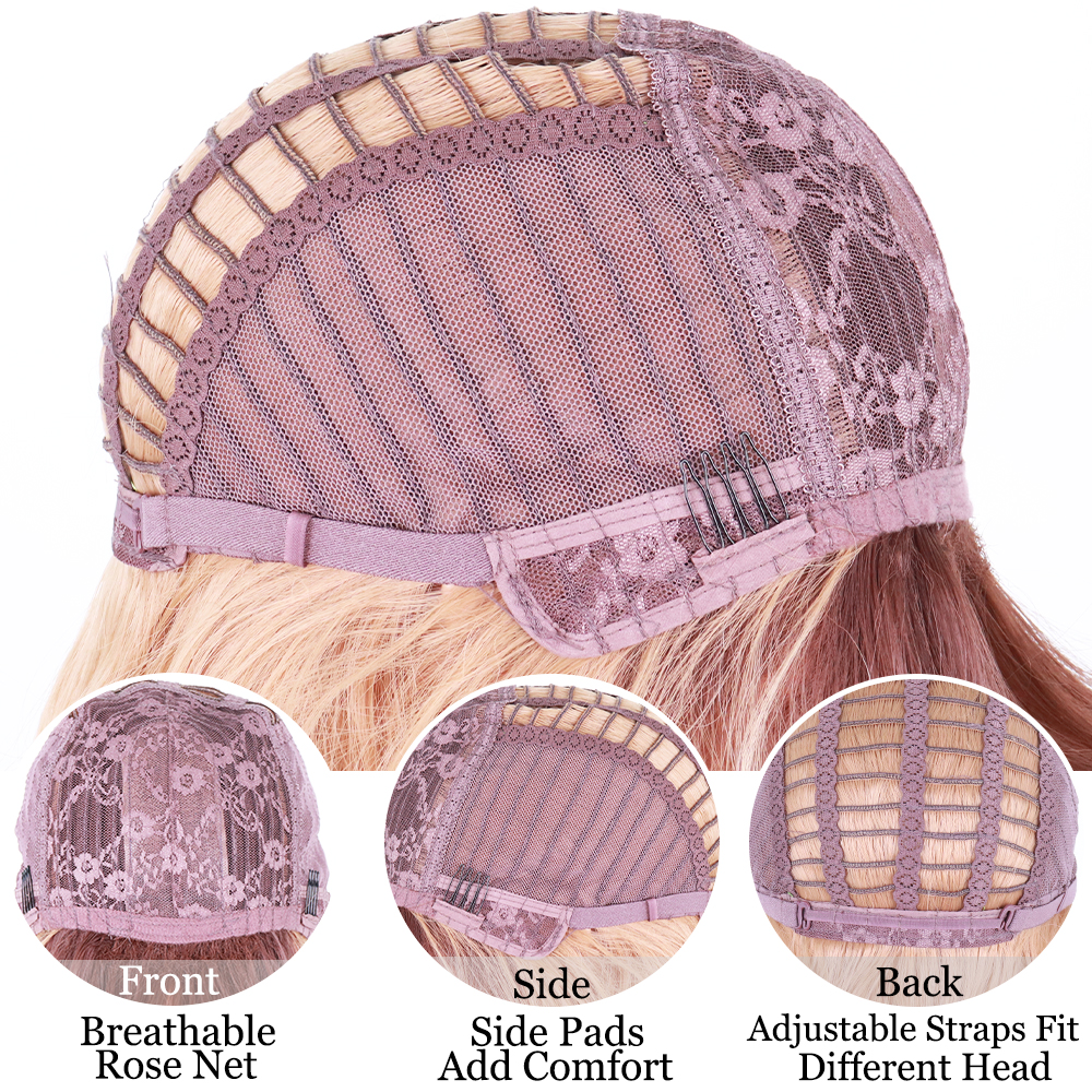 Short Brown Wig Synthetic Wigs with Bangs for Women Blonde Water Wave Natural Bob Wigs Heat Resistant False Hair