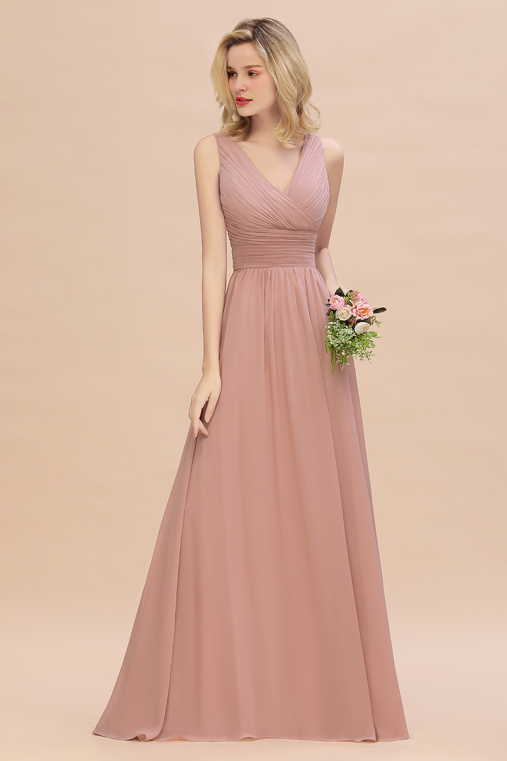 Dusty Pink Chiffon Bridmesaid Dresses Designer A Line V Neck Pleats Long Summer Garden Bohemian Wedding Guest Maid of Honor Gowns Custom Made BM0752
