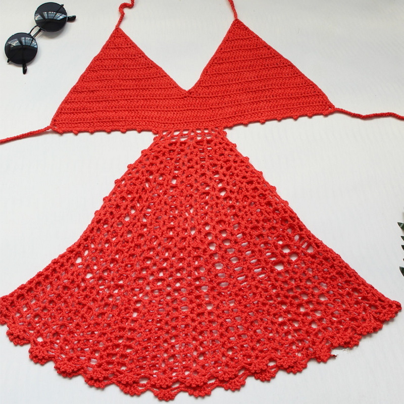 H80&S90 Women Sexy Handmade Crochet Deep V Neck Backless Hollow Out Beach Swimwear Lady Female Tank Top Bikini Dress 220325
