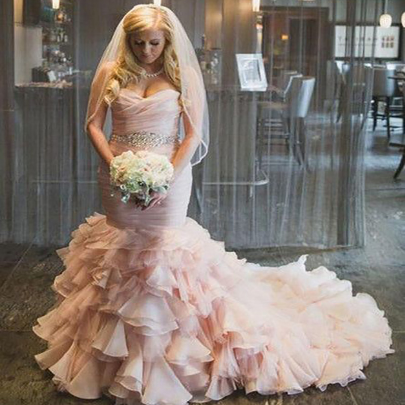 Luxury Pink Mermaid Wedding Dress 2024 Organza Ruffles Plus Size Country Wedding Gowns With Beaded Sweetheart Garden Bohemian Robe De Mariage Vestidos