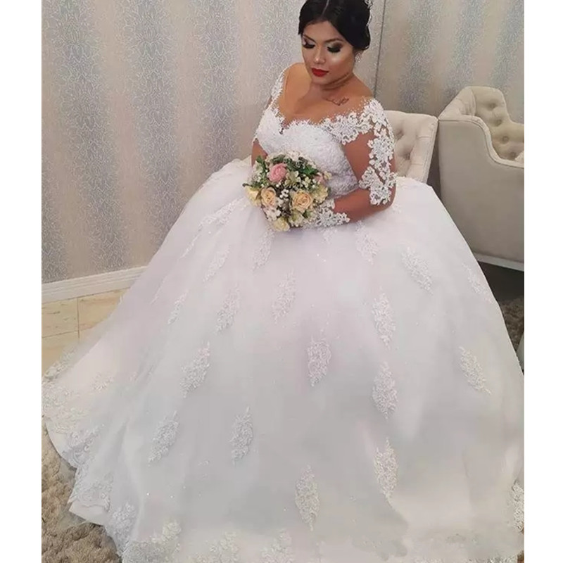 Plus Size Wedding Dresses V Neck Lace Appliqued Beach Outdoor Bridal Dresses Long Sleeve Bridal Gowns Vestidos De Novia