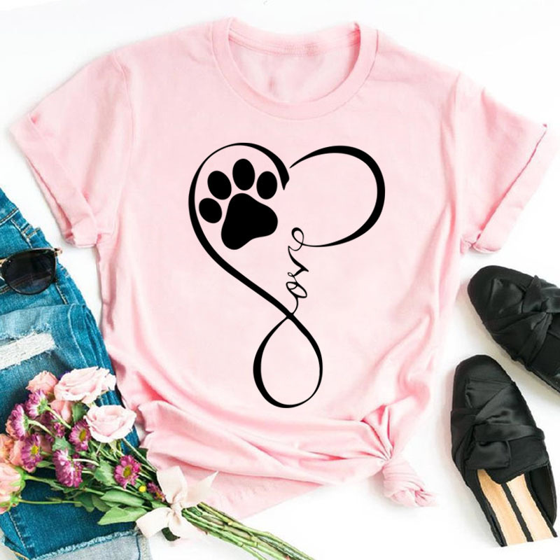 Women T Shirt Cartoon Tops Colorful Heart Dog Paw Print Tshirt Female Summer Tshirt 90s Girls Short Sleeve Tee Black Tshirts 220527