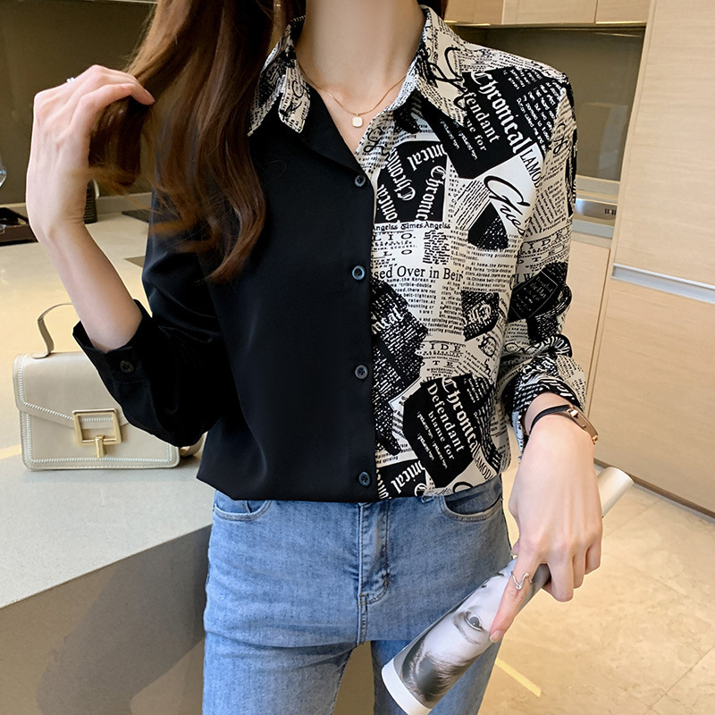 

Selling Chiffon Shirt Korean Color Contrast Printing Fashion Long Sleeve Asymmetric Splicing Versatile Women s Blouses 220714, Black