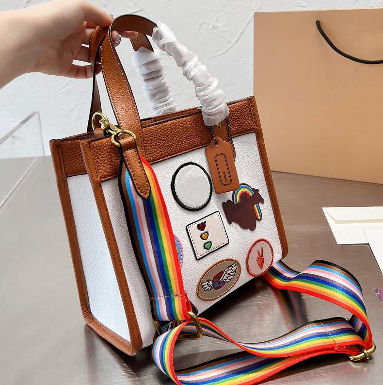 Designer Womens Badge Totes Shopping Bag Fashion Rainbow Shoulder Straps High Capacity Handbag Women Commuting Practical Shoulder Bags, White
Designer Womens Badge Totes Shopping Bag Fashion Rainbow Shoulder Straps High Capacity Handbag Women Commuting Practical Shoulder Bags, White